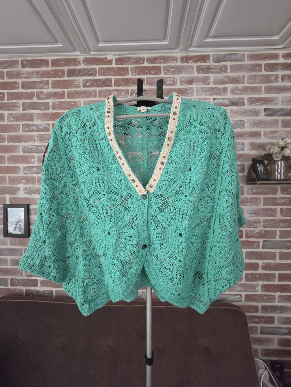 POL Teal Openwork Crochet Cardigan with Cream Trim